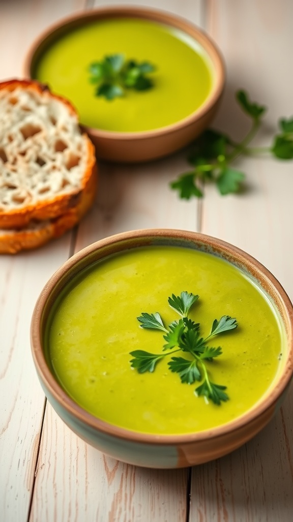 Creamy asparagus soup in a rustic bowl with parsley garnish, served with crusty bread.